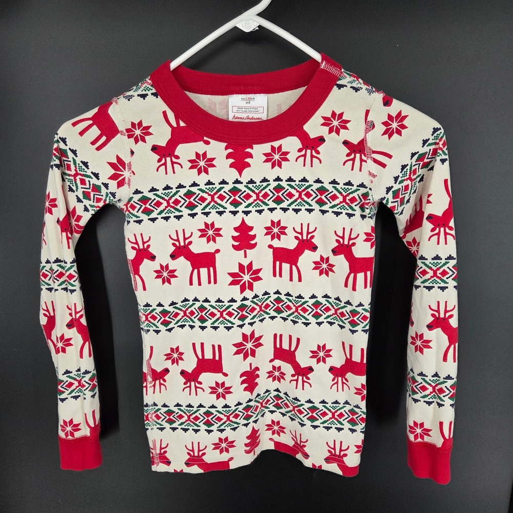 Hanna Andersson Kids 8 Reindeer Fair Isle Organic Cotton Pajama Set Red Cream - Picture 3 of 5